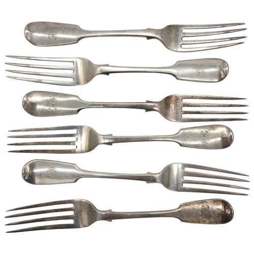 528 - A SET OF SIX VICTORIAN SILVER FORKS, fiddle pattern, monogrammed, bearing the mark of Charles Boyton... 