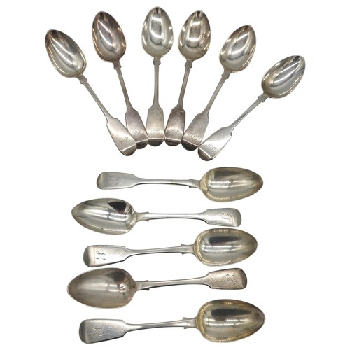 542 - A SET OF SIX FIDDLE PATTERN DESSERT SPOONS AND A PART SET OF FIVE DESSERT SPOONS, one set marked Lon... 