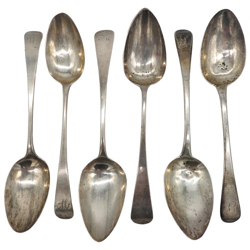 546 - THREE PAIRS OF GEORGE III SILVER SERVING SPOONS, Old English form, all with engraved monograms22.5 c... 