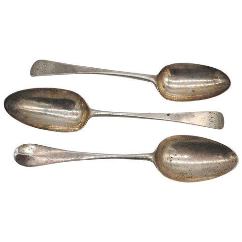 547 - THREE GEORGE III SILVER SERVING SPOONS, two with monograms, one marked Thomas Liddiard, London, 1778... 