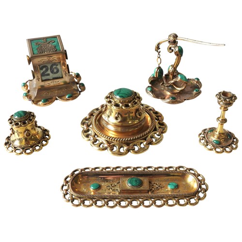 504 - A VINTAGE FRENCH LACQUERED BRASS FOUR PIECE DESK SET, LATE 19TH CENTURY, the set comprising of a pen... 