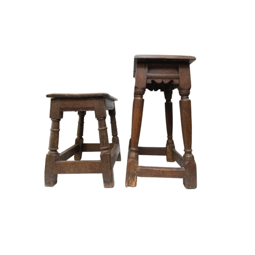 1 - TWO OAK JOINT STOOLS, 18TH CENTURY, both with moulded seat panels raised on ring turned legs united ... 