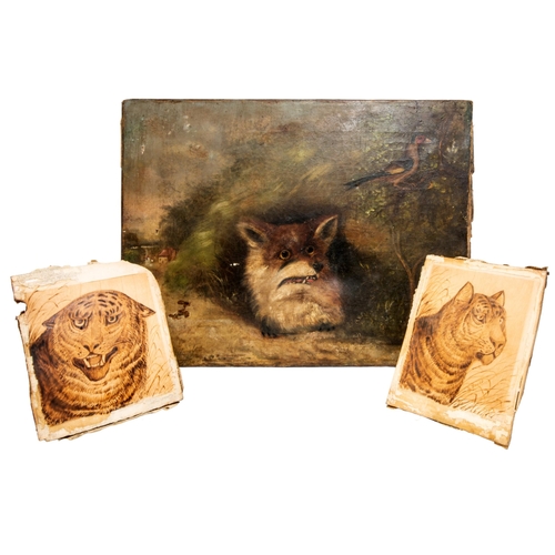 72 - A PAIR OF NAIVE POKERWORK PANELS, both depicting a tiger in long grass, signed and inscribed 'Edward... 