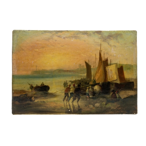 78 - AN OIL PAINTING ON CANVAS, PROBABLY EARLY 19TH CENTURY, depicting fisherman bringing in the catch at... 