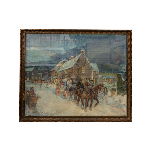 73 - A LARGE WINTER COACHING SCENE WATERCOLOUR/PAPER, depicting a horsedrawn carriage passing through a v... 