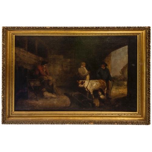 79 - MANNER OF GEORGE MORLAND (1762-1804) OIL PAINTING ON CANVAS, depicting figures and livestock in a ba... 