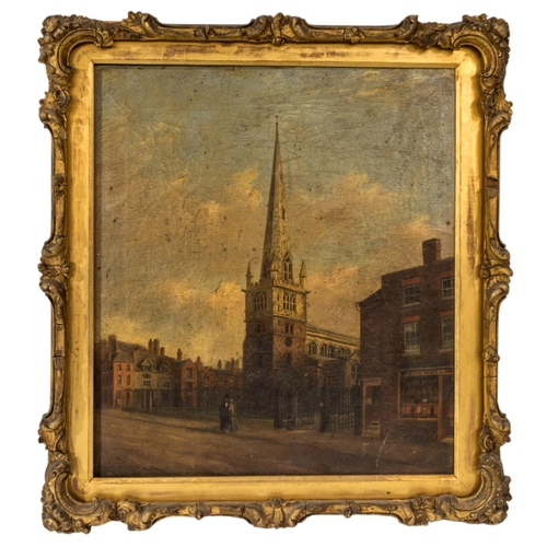 89 - A VICTORIAN STREET SCENE OIL PAINTING ON CANVAS, depicting a couple stood outside a church, unsigned... 