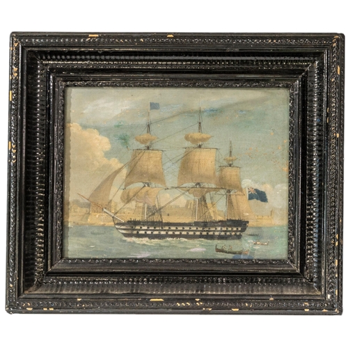 90 - A 19TH CENTURY MARITIME OIL PAINTING ON CANVAS, depicting a full rigged British tall ship sailing in... 