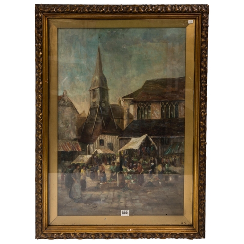 91 - IVY WEBB (20TH CENTURY) CONTINENTAL MARKET SCENE OIL PAINTING ON CANVAS, signed in lower left corner... 