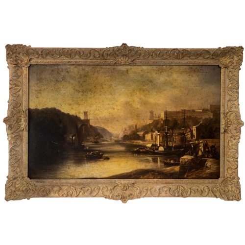 83 - A LARGE OLEOGRAPH ON CANVAS OF THE AVON GORGE, with figures on a quayside waiting to embark a paddle... 