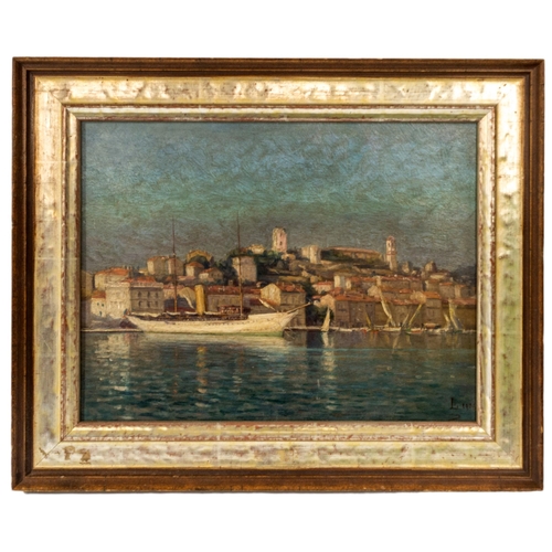 92 - A MEDITERRANEAN HARBOUR SCENE OIL PAINTING, EARLY 20TH CENTURY, depicting a single funnel ship moore... 