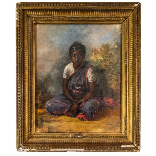 85 - A PORTRAIT OIL PAINTING ON CANVAS, LATE 19TH / EARLY 20TH CENTURY, depicting an Indian girl sat cros... 