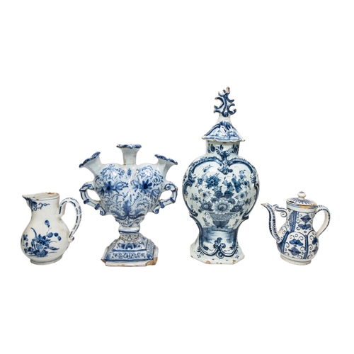 304 - A MIXED GROUP OF DELFT WARES, PREDOMINANTLY 19TH CENTURY, the lot includes a heart shaped tulip vase... 