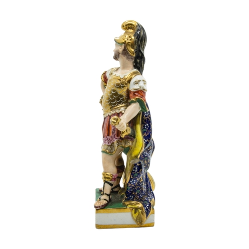 415 - A BLOOR DERBY PORCELAIN FIGURE OF ROMAN CENTURION, EARLY 19TH CENTURY, modelled standing clutching h... 