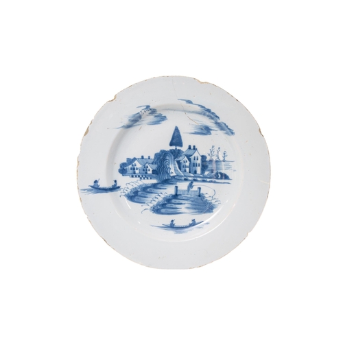 280 - THREE LARGE DELFT DISHES, 18TH CENTURY, consisting of two dishes painted with traditional rural scen... 