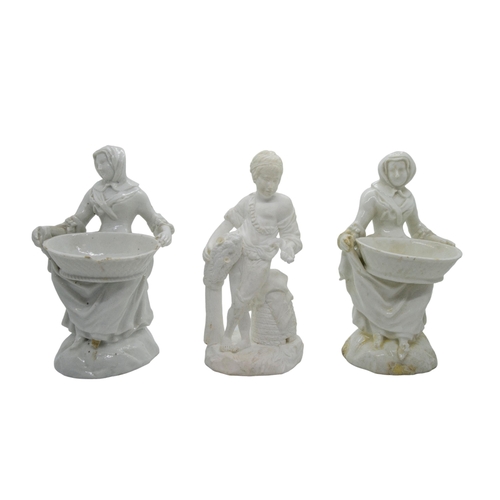 419 - TWO MEISSEN BLANC DE CHINE FIGURAL SALTS, 19TH CENTURY, modelled as seated ladies holding baskets, a... 