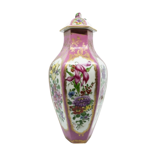 420 - AN 18TH CENTURY CHELSEA HEXAGONAL VASE AND COVER, the sides decorated with floral painted panels on ... 