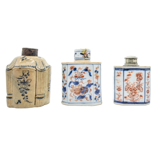 197 - A MIXED GROUP OF EIGHT PORCELAIN TEA CADDIES, 18TH/19TH CENTURY, including two Imari pattern caddies... 