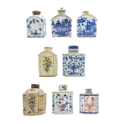 197 - A MIXED GROUP OF EIGHT PORCELAIN TEA CADDIES, 18TH/19TH CENTURY, including two Imari pattern caddies... 