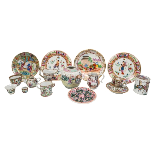 198 - A GROUP OF CHINESE FAMILLE ROSE PORCELAIN, PREDOMINANTLY 19TH CENTURY, the lot includes a chambersti... 