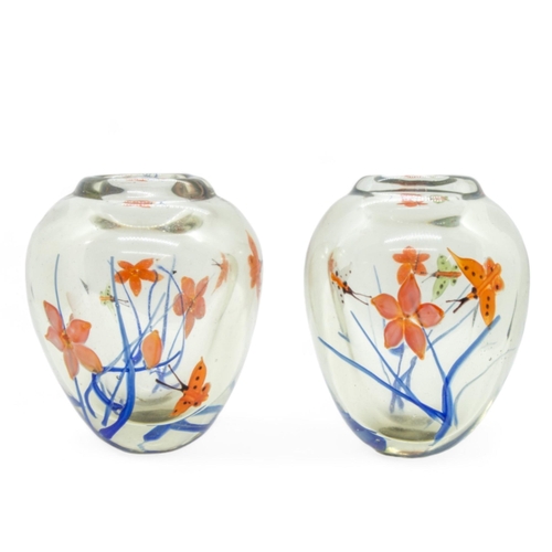 135 - A PAIR OF VINTAGE CONTINENTAL GLASS BALUSTER VASES, with reverse painted decoration depicting butter... 