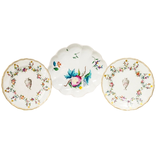 429 - TWO CHELSEA DERBY PLATESCirca 1770, 9.5cms wide together with  a lobed dessert dish