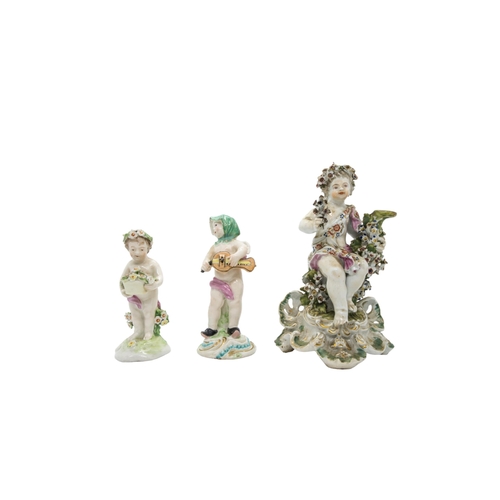 432 - THREE DERBY FIGURES18th century, a Worcester tea bowl, tallest figure is 17cms high