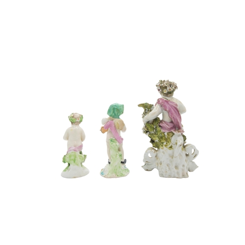 432 - THREE DERBY FIGURES18th century, a Worcester tea bowl, tallest figure is 17cms high