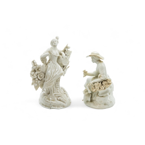 340 - AN 18TH CENTURY FIGURE OF A FLOWER SELLER, PROBABLY BOWCirca 1760, together with another figure, 16c... 