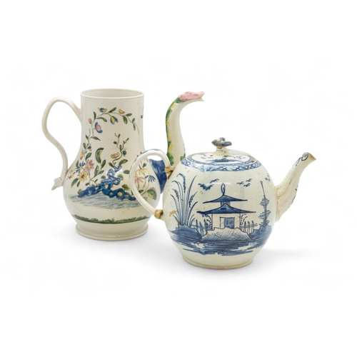 498 - A MID 18TH CENTURY SALT GLAZED COFFEE POTTogther with a pearlware teapot. Jug is 17.5cms high