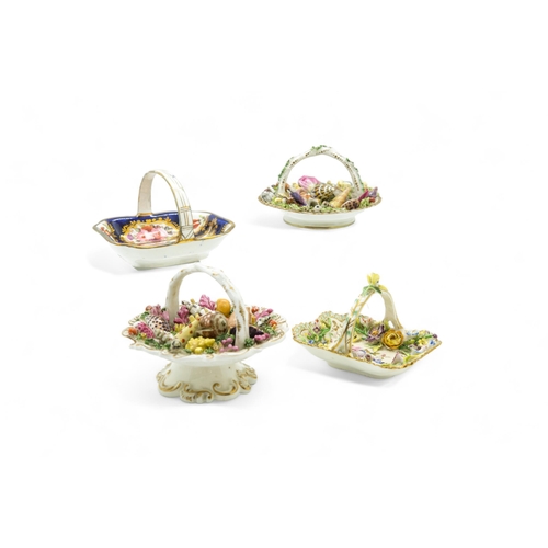 503 - FOUR ENGLISH MINIATURE BASKETSCirca 1840, two with molded shells, one encrusted flowers, the other w... 