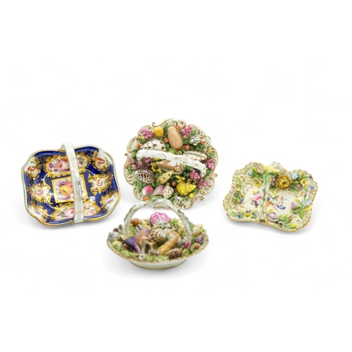 503 - FOUR ENGLISH MINIATURE BASKETSCirca 1840, two with molded shells, one encrusted flowers, the other w... 