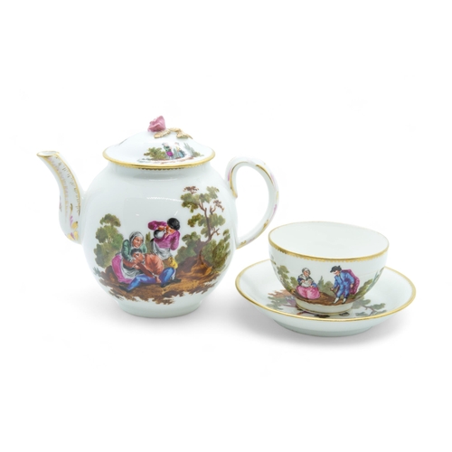 506 - A ZURICH TEAPOT AND A CUP AND SAUCERCirca 1770 painted figures in a landscape, 16cms