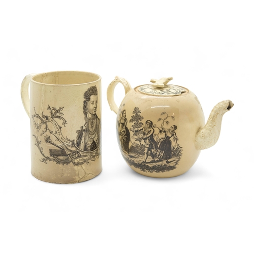 409 - A CREAMWARE TANKARD DEPICTING QUEEN CHARLOTTE OF GREAT BRITAINcirca 1770, together with another tran... 