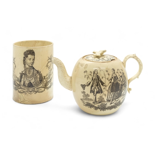 409 - A CREAMWARE TANKARD DEPICTING QUEEN CHARLOTTE OF GREAT BRITAINcirca 1770, together with another tran... 