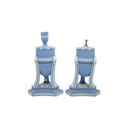 401 - A PAIR OF WEDGWOOD JASPER CASSOLETTELate 18th century, together with the base of a cassolette and tw... 