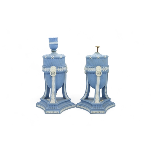 401 - A PAIR OF WEDGWOOD JASPER CASSOLETTELate 18th century, together with the base of a cassolette and tw... 