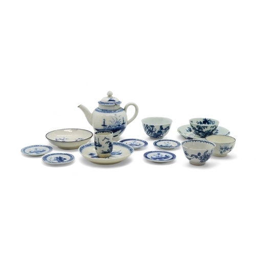 403 - A GROUP OF BLUE AND WHITE MINIATURESMid 18th century, a teapot, five miniature plates (one marked 'S... 