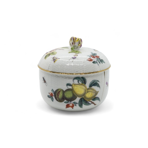 374 - A GROUP OF MID 18TH CENTURY MEISSENComprising a sugar box and cover and three saucers painted with f... 