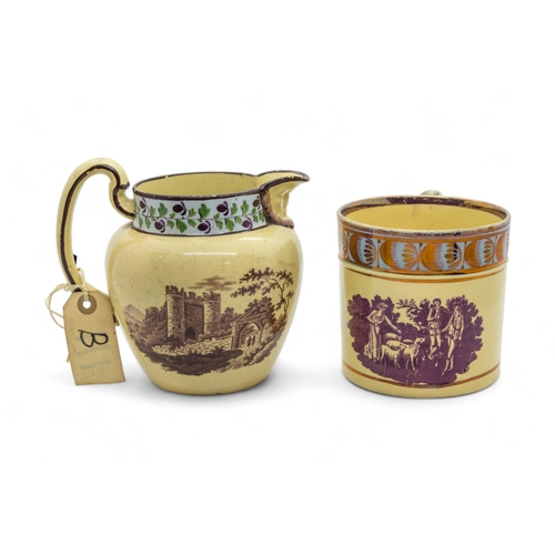 358 - TWO CANARY YELLOW AND SILVER LUSTRE JUGSCirca 1810, together with a miniature canary yellow mug and ... 