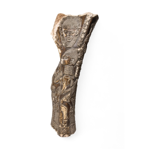 AN ELEPHANT LEG BONE WITH BENIN STYLE CARVINGS OF HIGH STATUS FIGURES