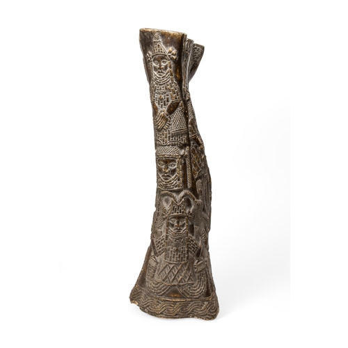 608 - AN ELEPHANT LEG BONE WITH BENIN STYLE CARVINGS OF HIGH STATUS FIGURES62cm