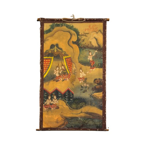 175 - A THAI/BURMESE SCROLL DEPICTING DANCING WOMEN IN A LANDSCAPE,  a Japanese scroll depicting devils cr... 