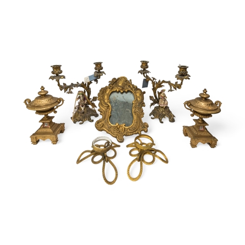 378 - A PAIR OF ROCCOCO STYLE BOCAGE MANTEL PIECE CANDELABRA with porcelain figures (Damaged), a pair of g... 