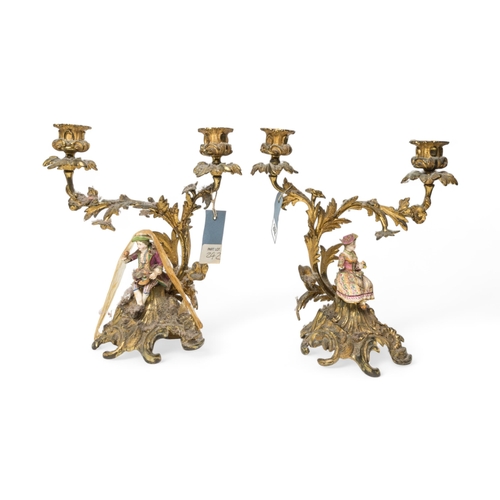 378 - A PAIR OF ROCCOCO STYLE BOCAGE MANTEL PIECE CANDELABRA with porcelain figures (Damaged), a pair of g... 