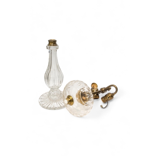 64 - A PAIR OF 19TH CENTURY CUT GLASS OIL LAMP BASES OF BALUSTER FORM, the cut reservoirs later converted... 