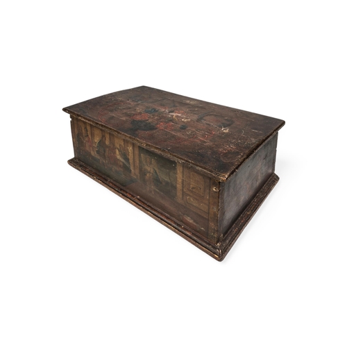 45 - A CONTINENTAL PINE BOX, probably late 18th century, the side panels painted with three biblical scen... 