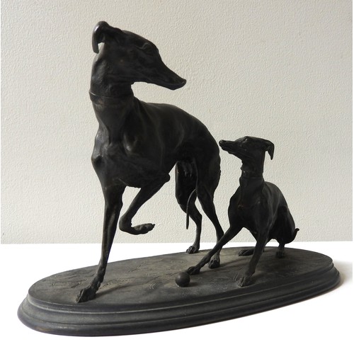 266 - AFTER PIERRE JULES MENE (1810-1879) BRONZE GROUP OF TWO HOUNDS, modelled playing with a ball, raised... 