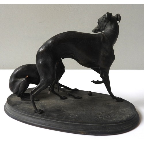 266 - AFTER PIERRE JULES MENE (1810-1879) BRONZE GROUP OF TWO HOUNDS, modelled playing with a ball, raised... 