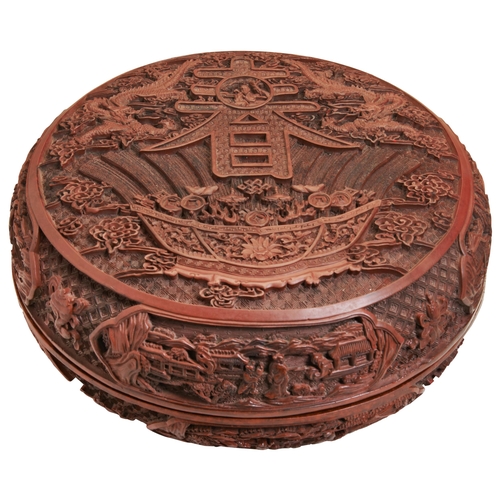 375 - A LARGE CINNABAR LACQUER 'CHUN' BOX AND COVERLATE QING DYNASTY清晚期 剔红‘春’字盖盒一件the cover deeply carved ... 